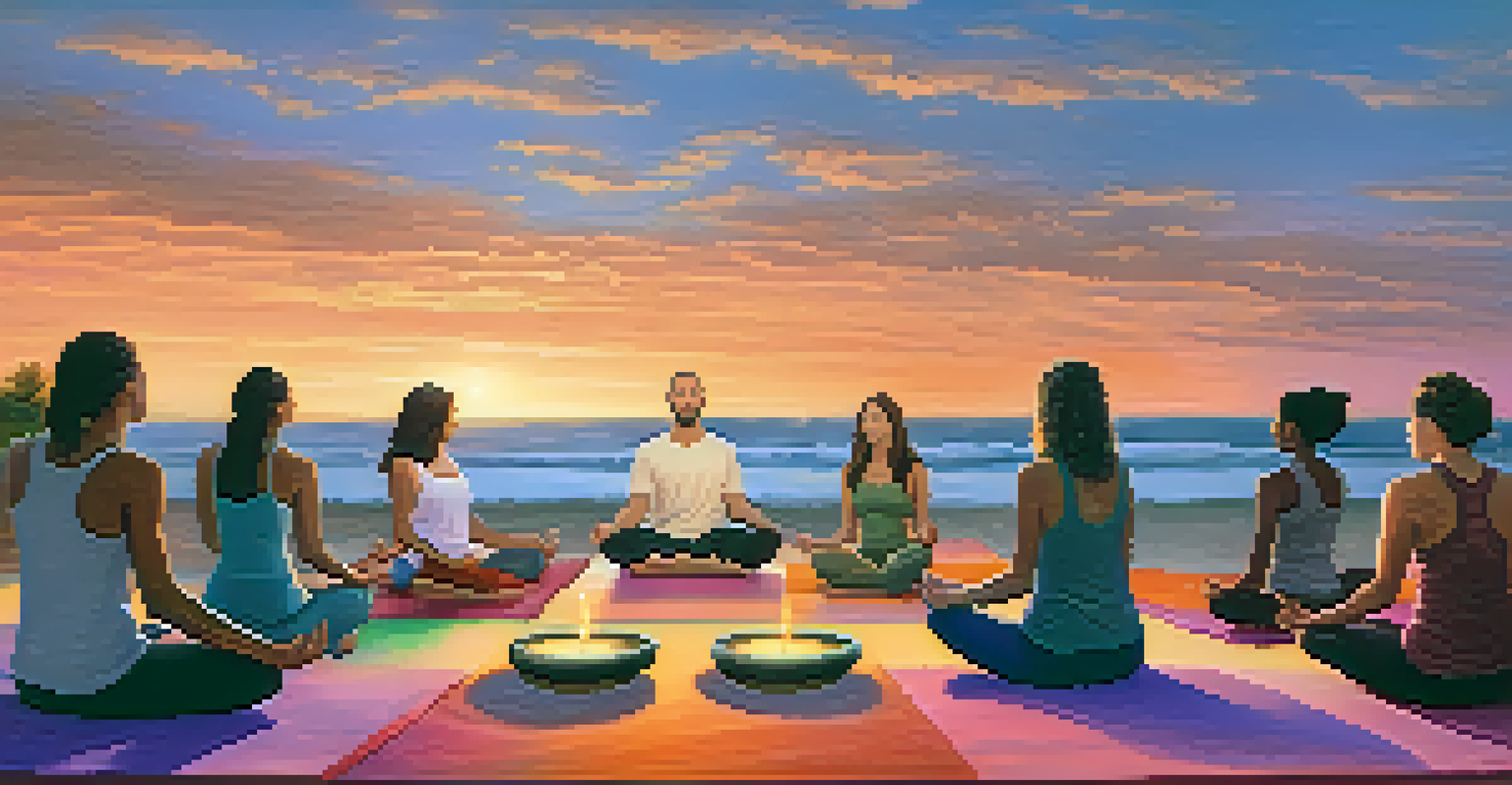 A group of people participating in a sound healing session outdoors at sunset, sitting on yoga mats, with a gong and singing bowls nearby, and colorful sunset hues in the sky.