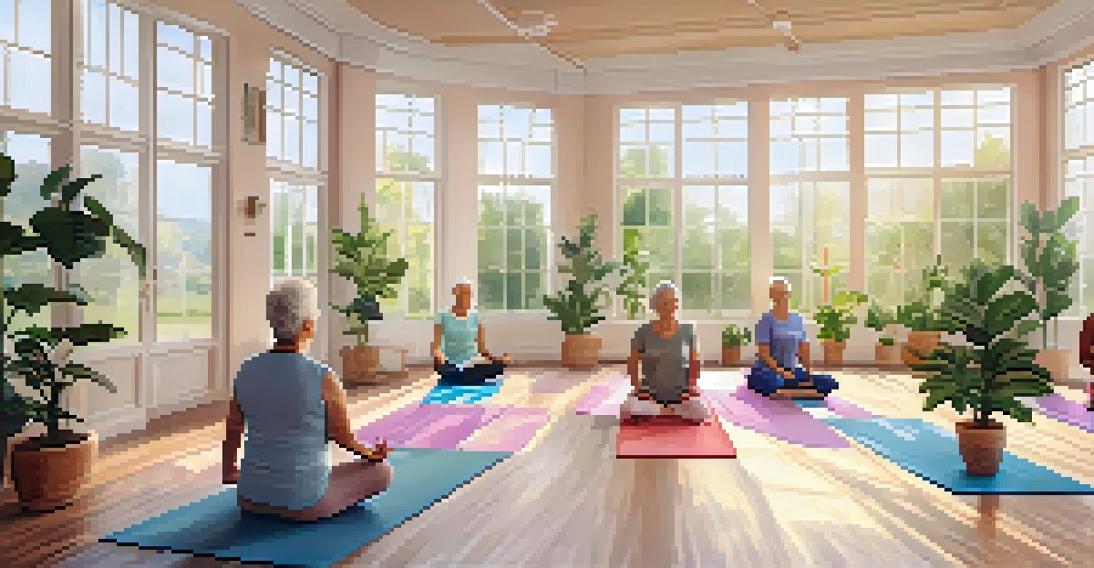 A group of older adults practicing yoga in a bright room, some using chairs for support, surrounded by plants and warm light.