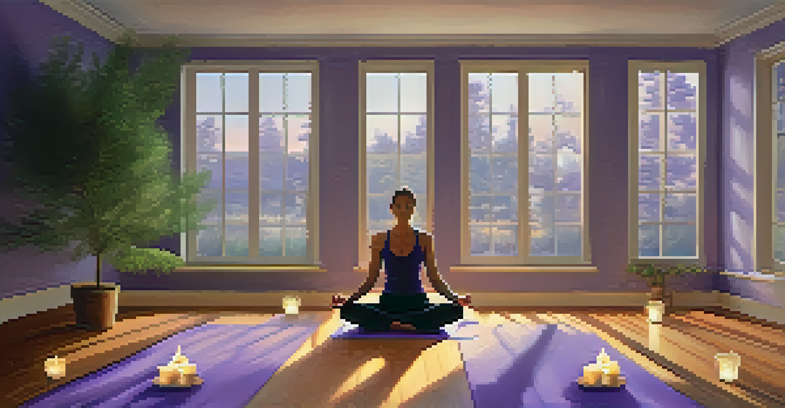 A person in Savasana, lying on a yoga mat in a tranquil studio filled with candles and lavender plants, creating a serene atmosphere for relaxation.