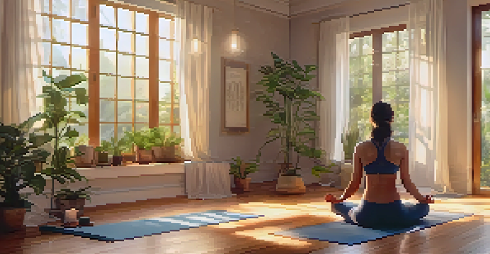 A serene yoga studio with warm lighting, wooden floors, and a person practicing yoga on a mat.