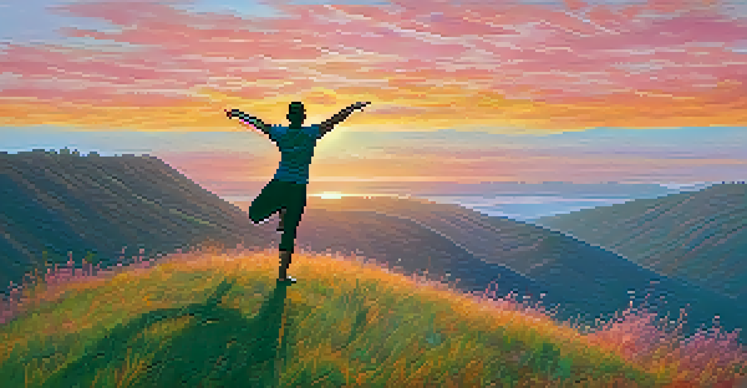 A person performing Warrior II pose on a hilltop during sunrise with a colorful sky.