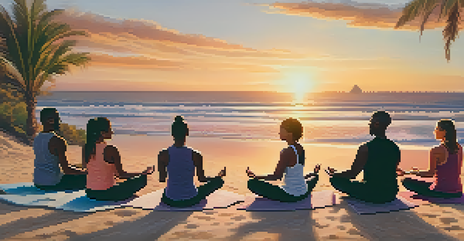 A group of people sitting in a circle on a beach during sunset, sharing experiences and connecting with each other.
