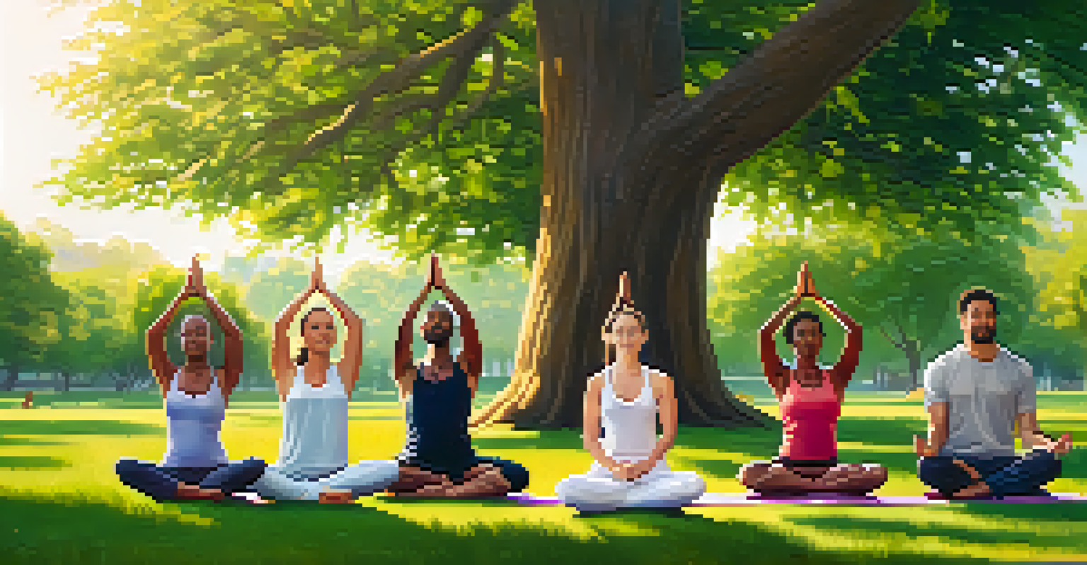 A diverse group of people practicing yoga poses together in a sunlit park, surrounded by greenery.