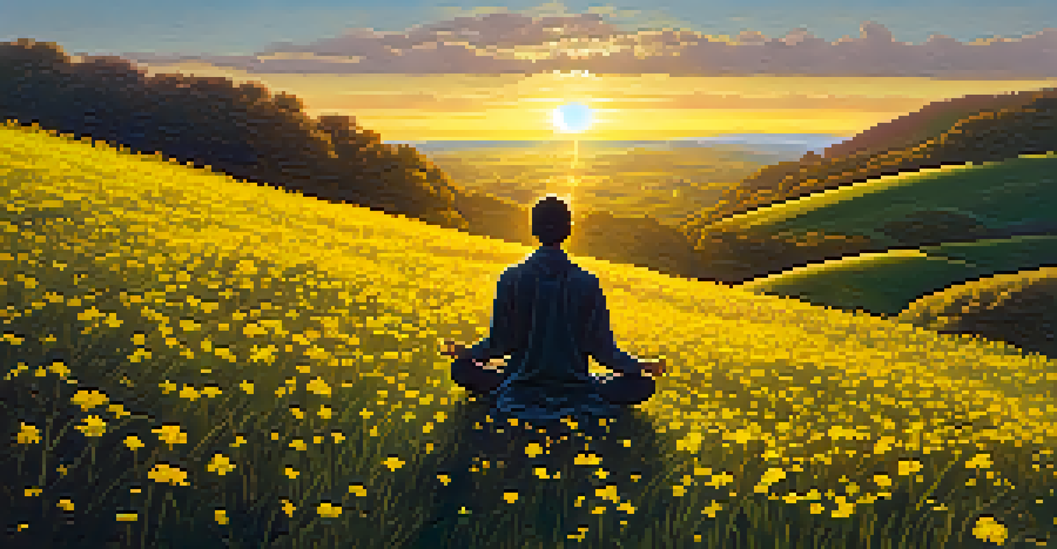 A person meditating on a hill surrounded by yellow flowers during sunset, focusing on their solar plexus.