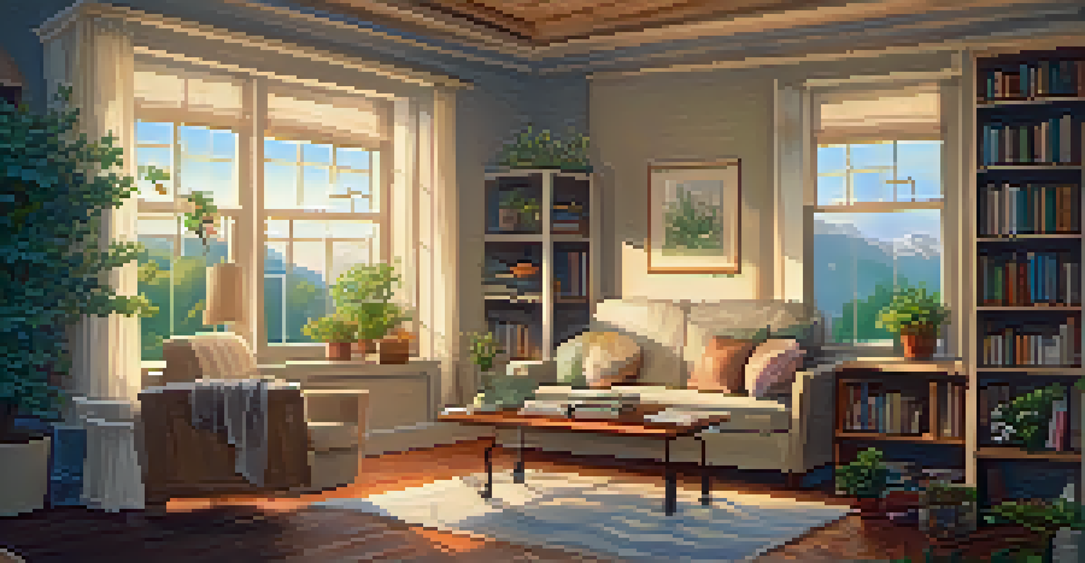 A person journaling in a cozy living room with herbal tea and a view of a garden.
