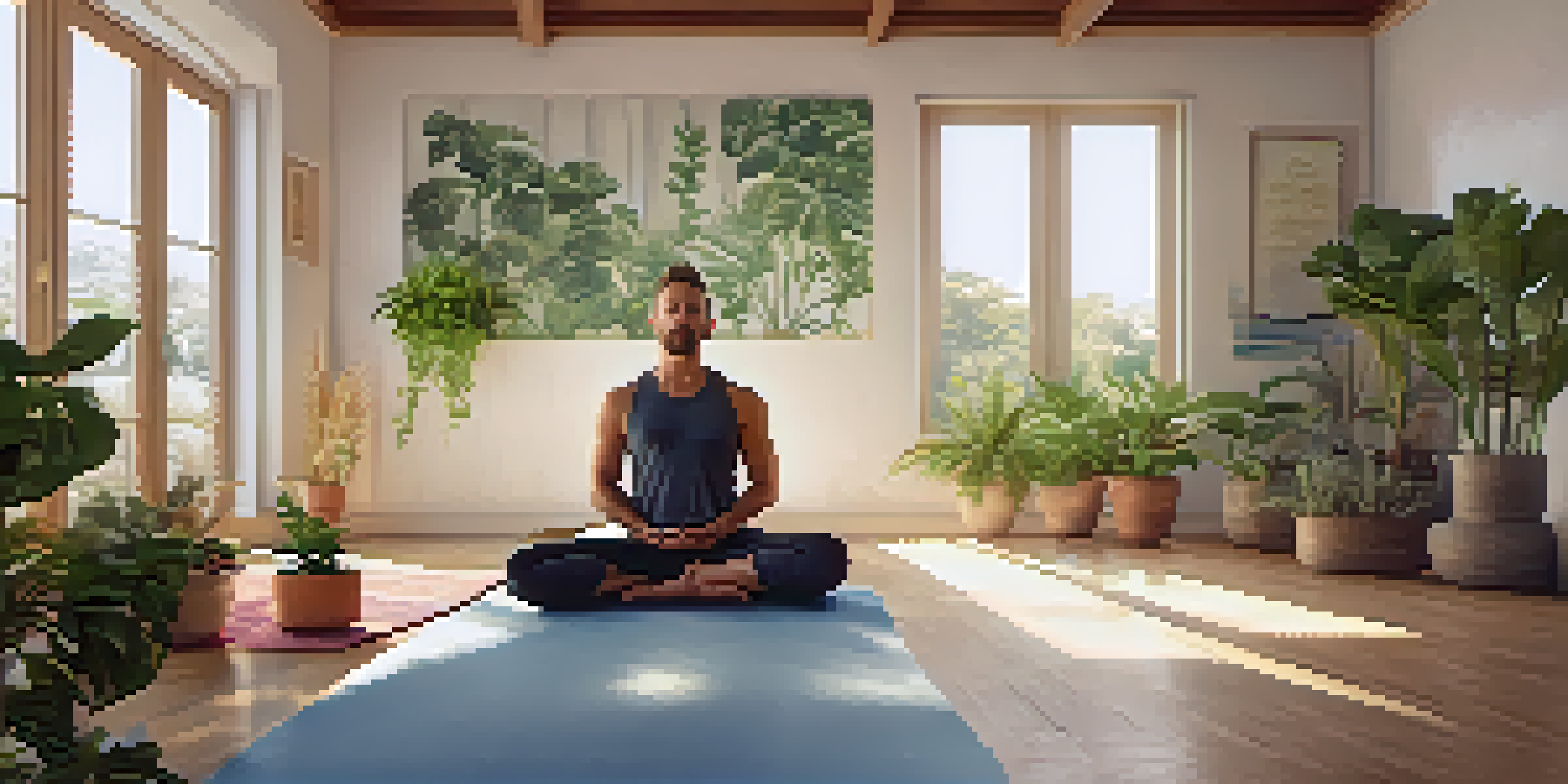 A man sitting cross-legged on a yoga mat in a serene studio, practicing diaphragmatic breathing with soft light illuminating the space.