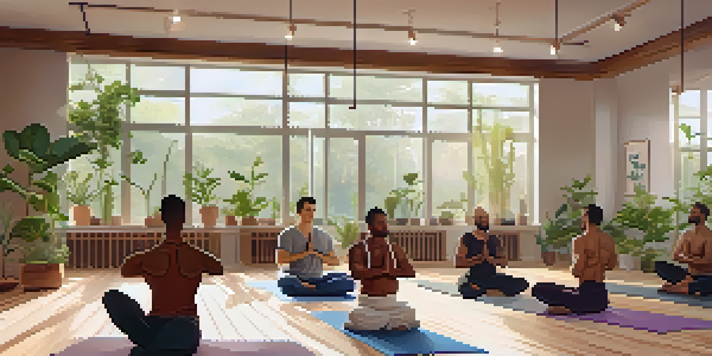 A serene yoga studio with men practicing yoga in a calm and supportive environment.