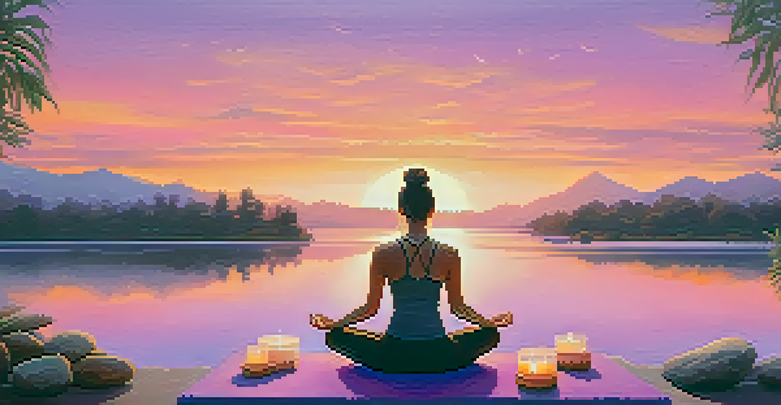 A person meditating on a yoga mat by a peaceful lake at sunset.