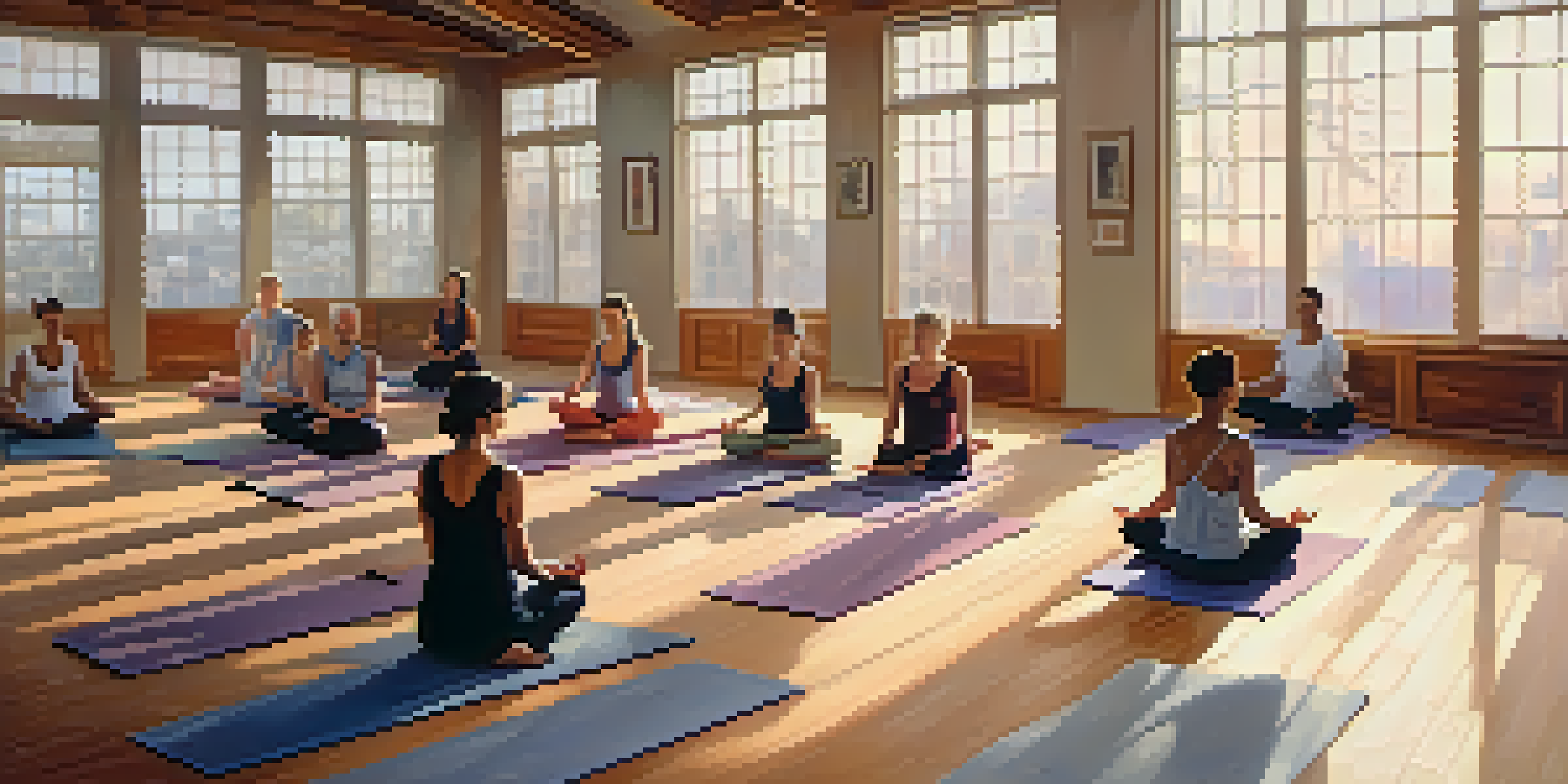 A diverse group of individuals practicing yoga in a sunlit studio, showcasing calmness and mindfulness.
