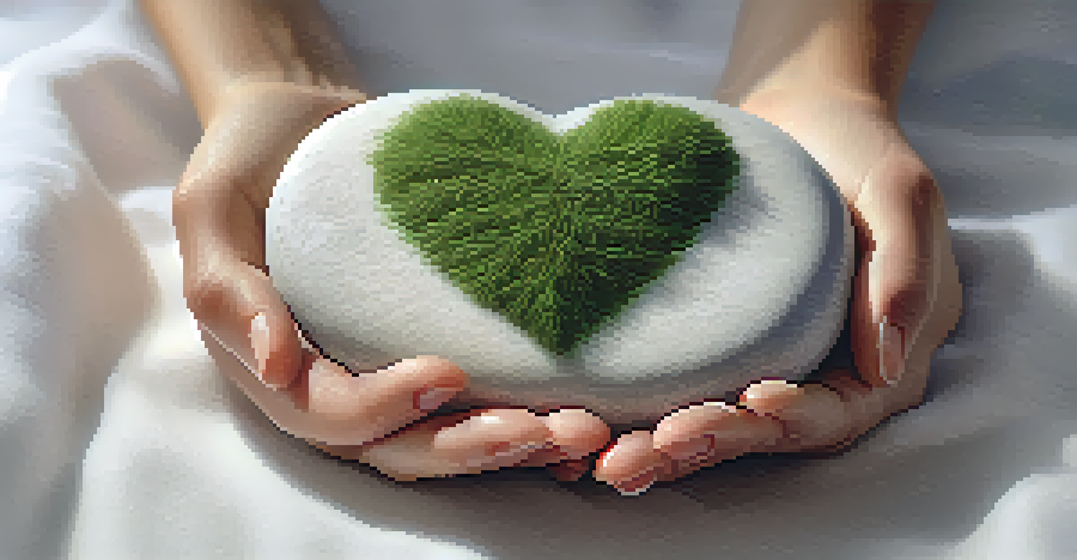 A heart-shaped stone held gently by hands against a softly blurred green background.