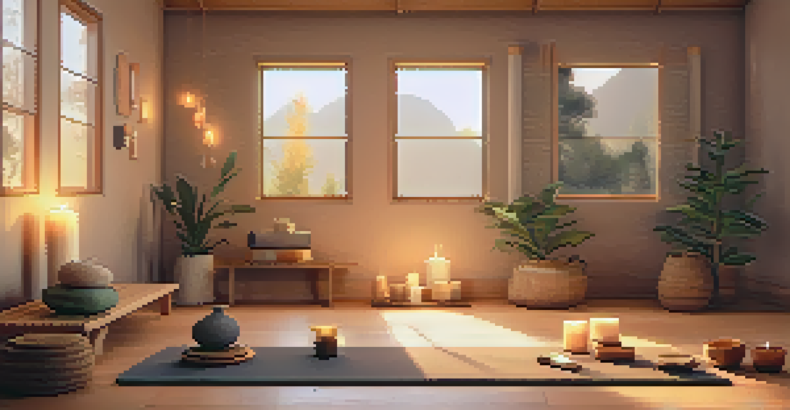 A cozy yoga corner with warm lighting, a yoga mat, props, and candles creating a calming atmosphere.