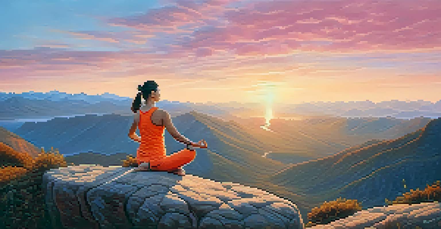A person practicing yoga on a cliff at sunrise, surrounded by mountains and valleys.