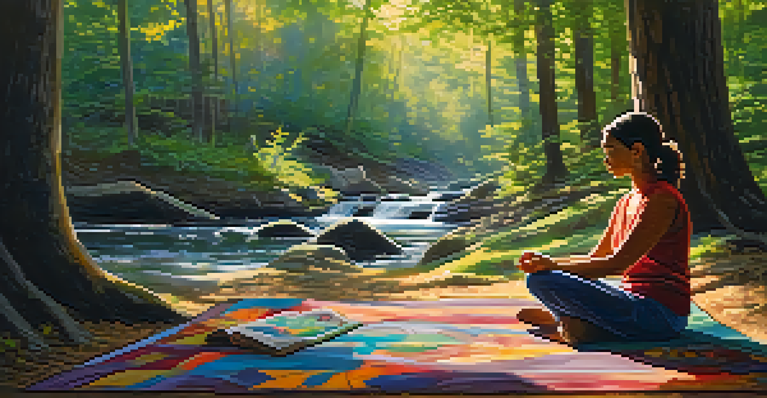 A person meditating in a forest clearing with sunlight filtering through the trees and a stream nearby.