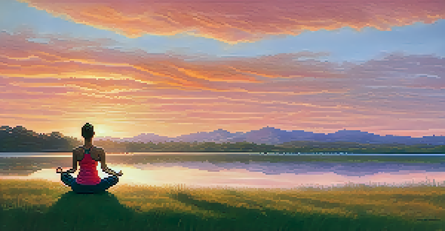 A person in a meditative yoga pose on a hill at sunrise, with a colorful sky and a lake in the background.