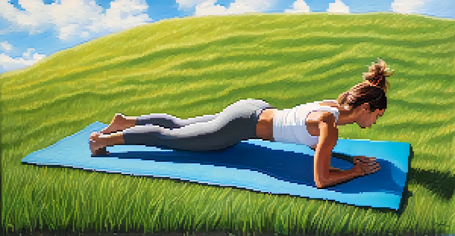 A person doing a Plank pose on a yoga mat in a green field under a blue sky.