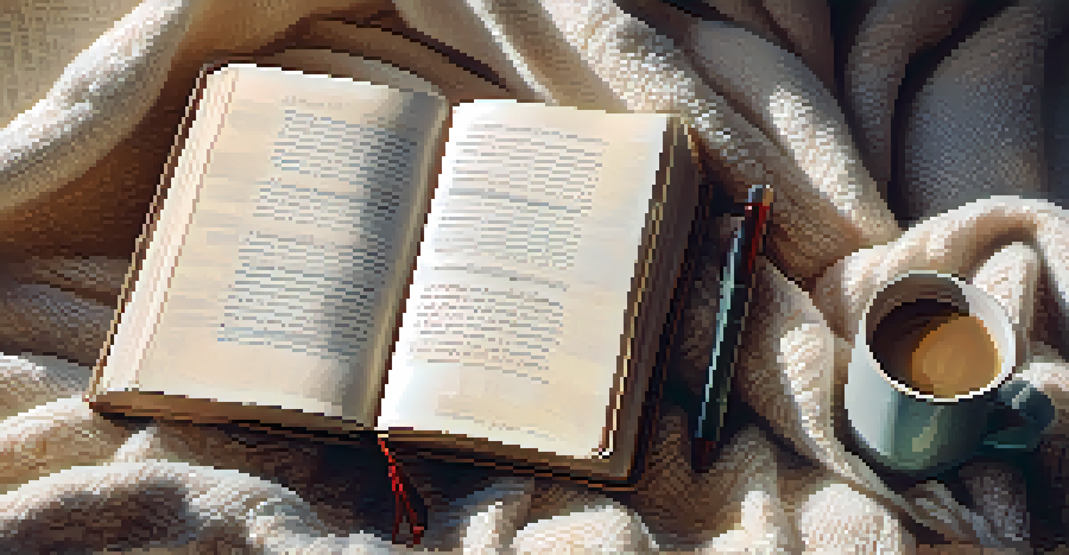 An open journal with handwritten affirmations and a pen on a cozy blanket, illuminated by soft natural light, symbolizing reflection and self-compassion.