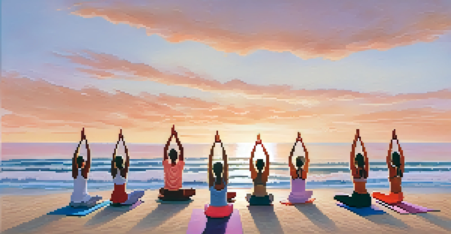 A group practicing yoga on a beach at sunrise, with soft colors in the sky and waves in the background.
