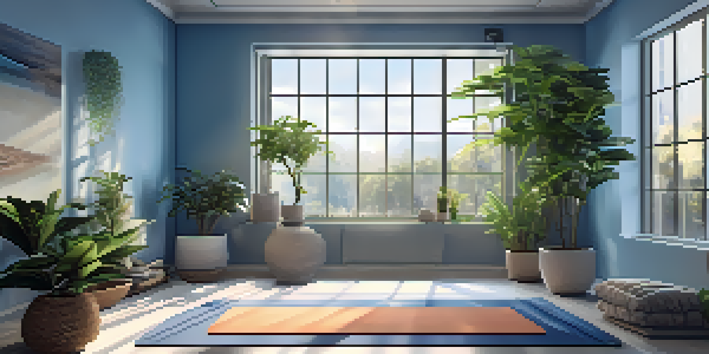 A peaceful yoga area in an office with a blue wall, plants, a yoga mat, and natural light.