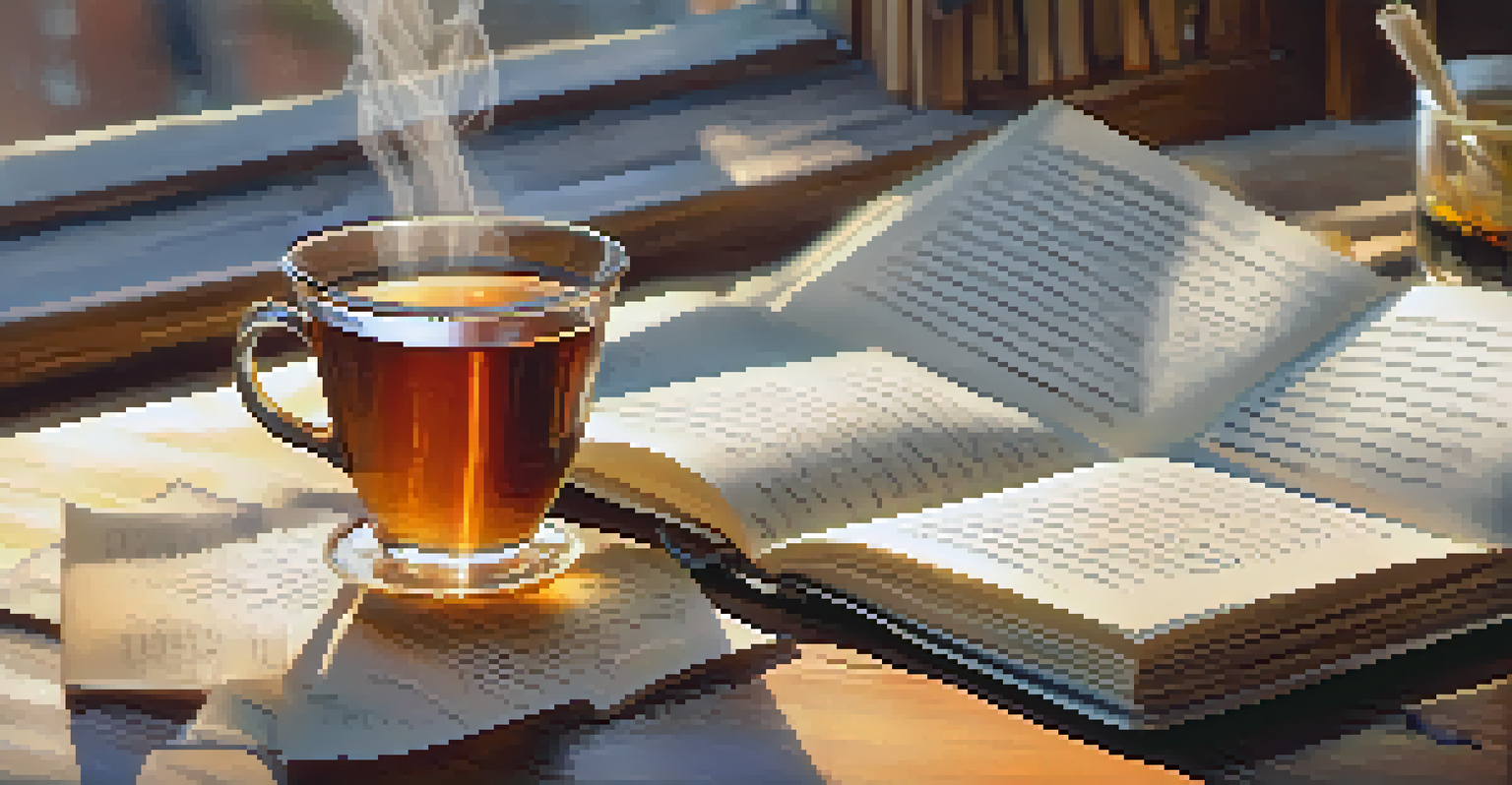 A close-up of an open gratitude journal on a table with handwritten notes, accompanied by a cup of tea, showcasing a warm and inviting environment.