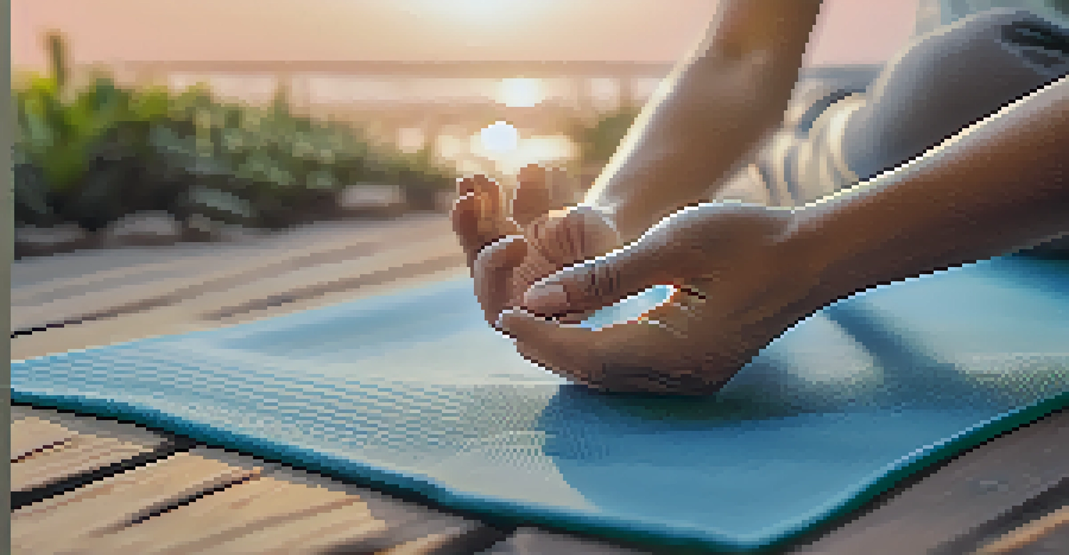 Close-up of hands in a mudra position on a yoga mat with a blurred serene outdoor background.