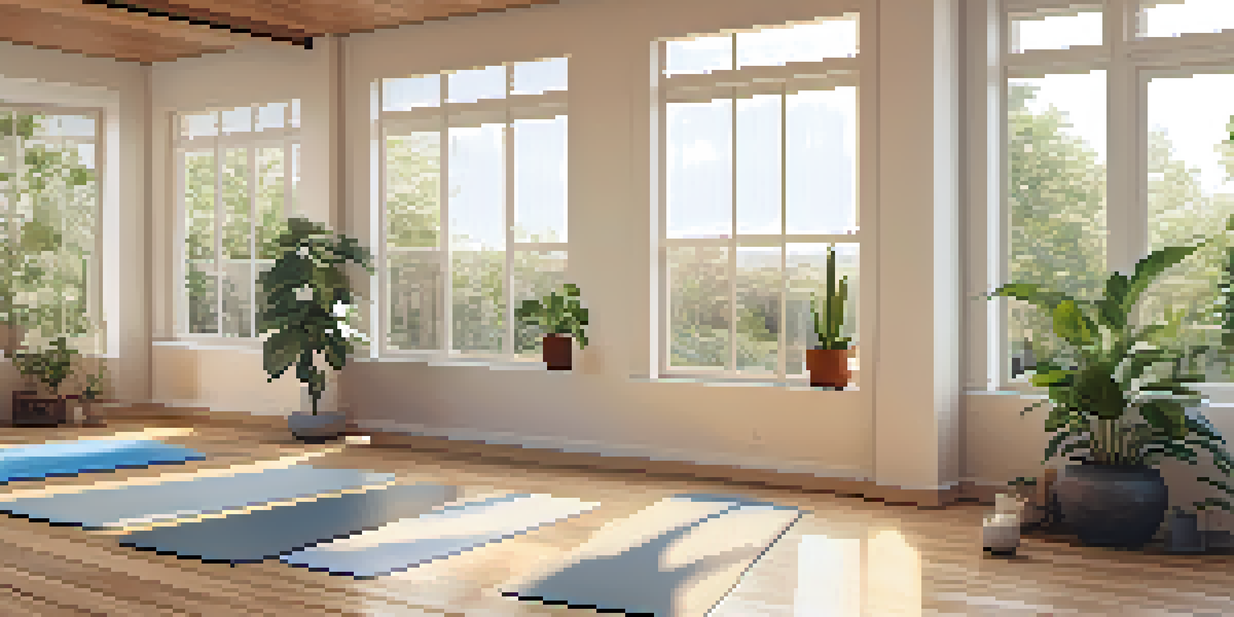 A spacious yoga room for seniors with natural light, soft decorations, and a clean environment.