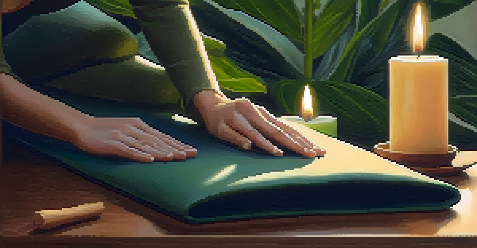 Close-up of hands in a meditative pose on a yoga mat, with plants and candles in the background.