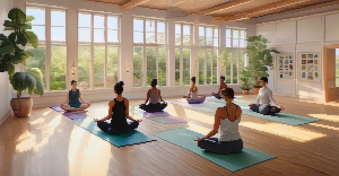A tranquil yoga studio with warm light, wooden floors, and a diverse group practicing yoga poses.