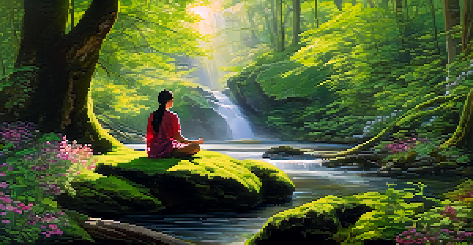 A person meditating in a green forest, surrounded by flowers and sunlight filtering through the trees.