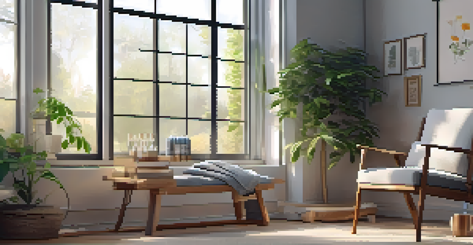 A comfortable chair yoga setup with props like yoga blocks and a blanket, in a peaceful corner with a view of a garden.