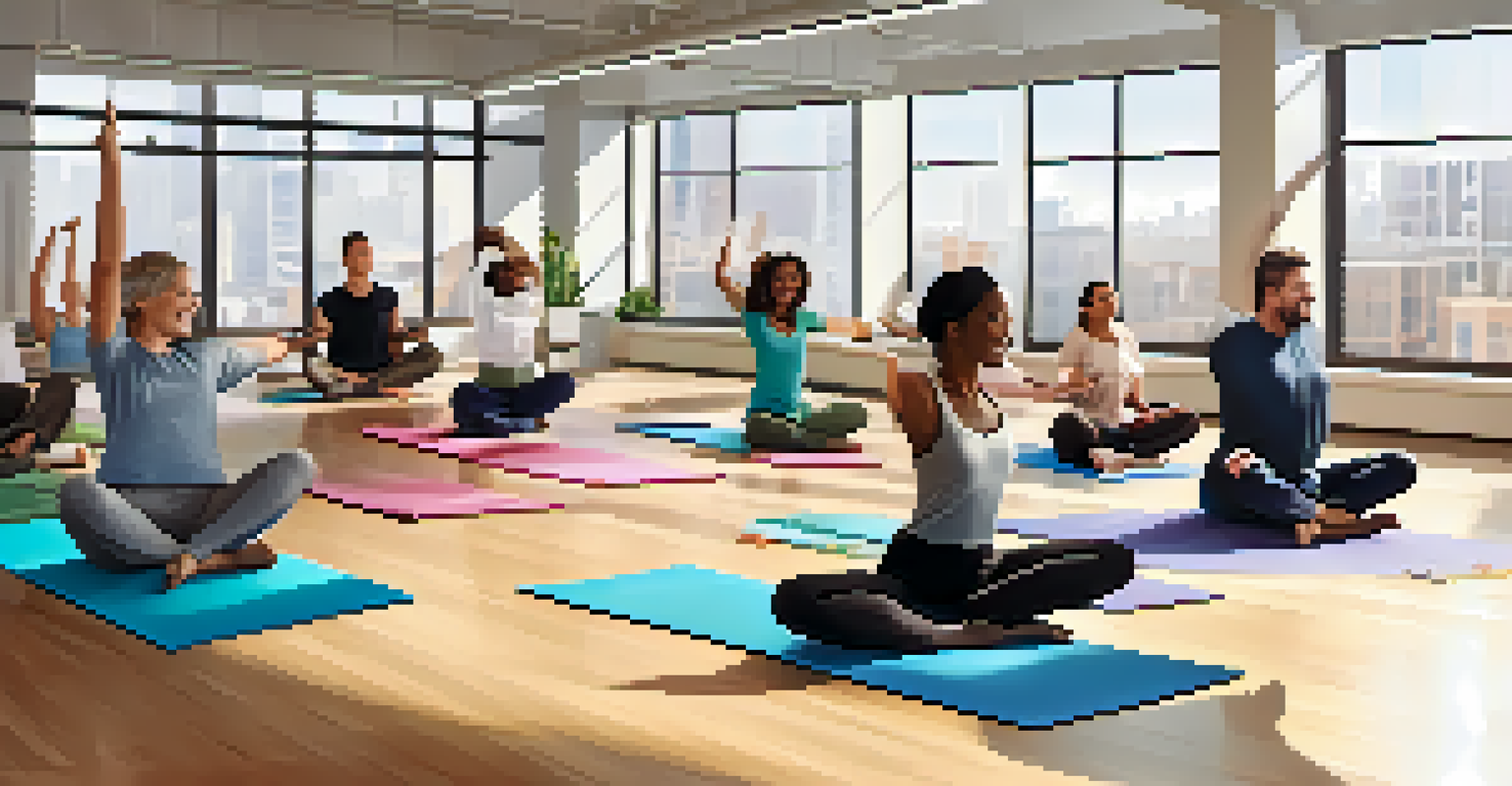 A diverse group of employees practicing yoga together in a bright office.