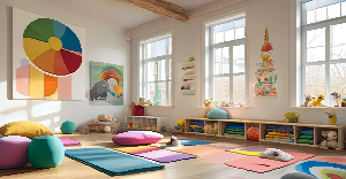 A colorful and inviting yoga space for kids, with mats, cushions, and stuffed animals, illuminated by natural light.