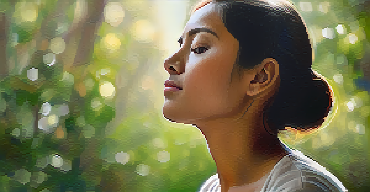 A person practicing alternate nostril breathing outdoors, looking calm and focused amidst a natural setting.