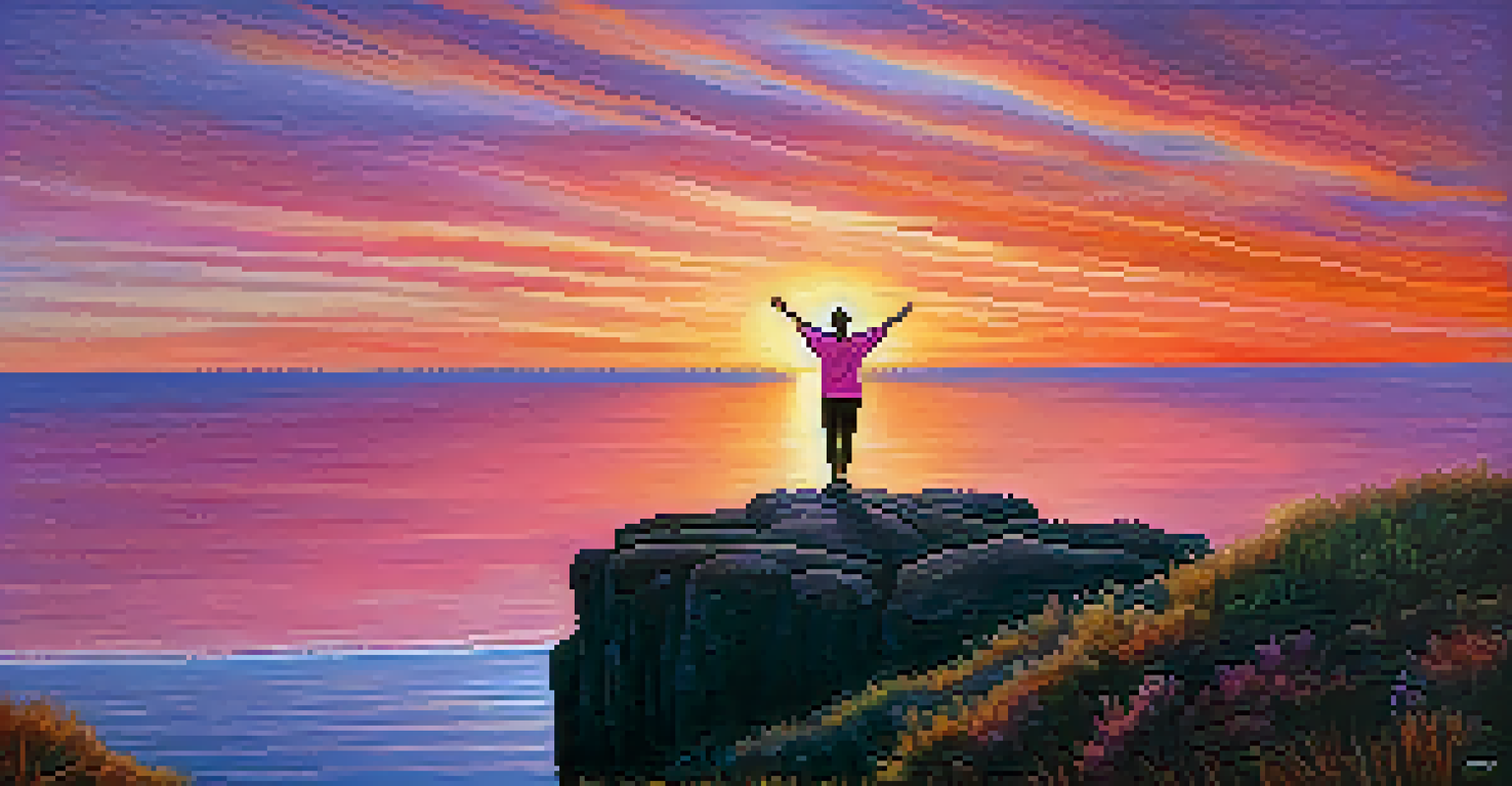 A person practicing yoga on a cliff at sunset, arms raised with a colorful sky and ocean in the background.