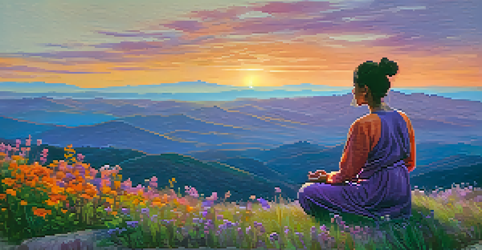 A person meditating on a hilltop at sunset, surrounded by wildflowers and a colorful sky.