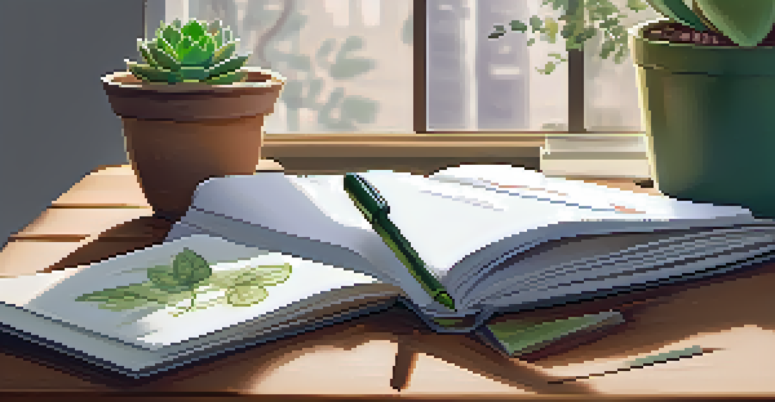 A close-up of a mindfulness journal and a succulent plant on a desk, emphasizing relaxation and reflection.