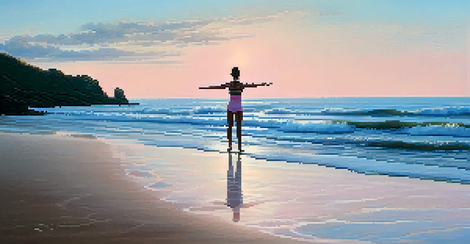 A person in Warrior II pose on a tranquil beach at dawn, with gentle waves and a colorful sky.