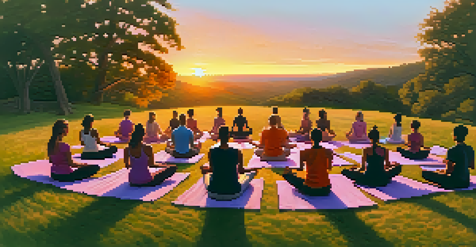 A group of people performing yoga poses outdoors on a grassy hill at sunset, with colorful skies.