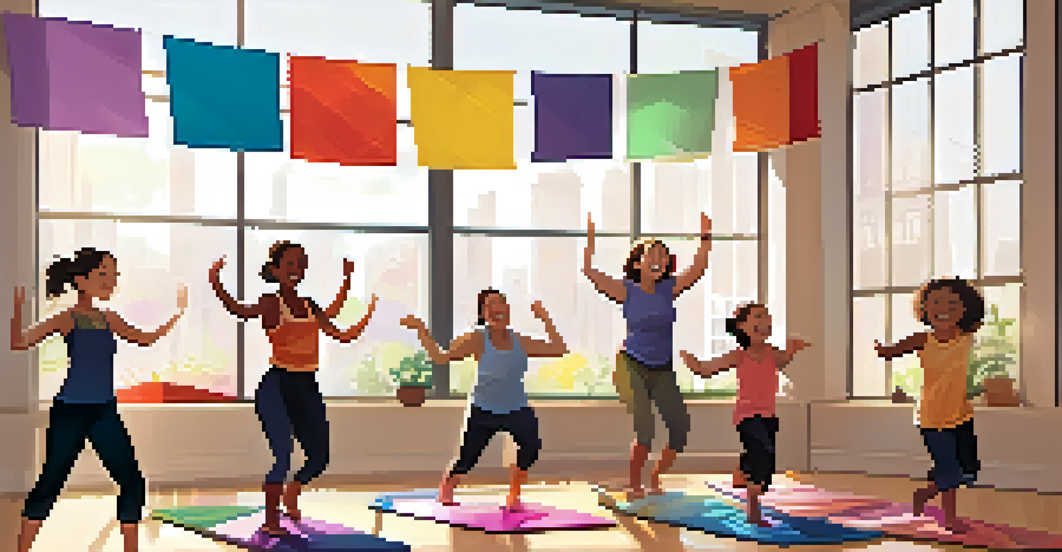 A lively indoor laughter yoga class with participants of different ages engaging in exercises, all smiling and laughing, surrounded by colorful decorations and soft light.