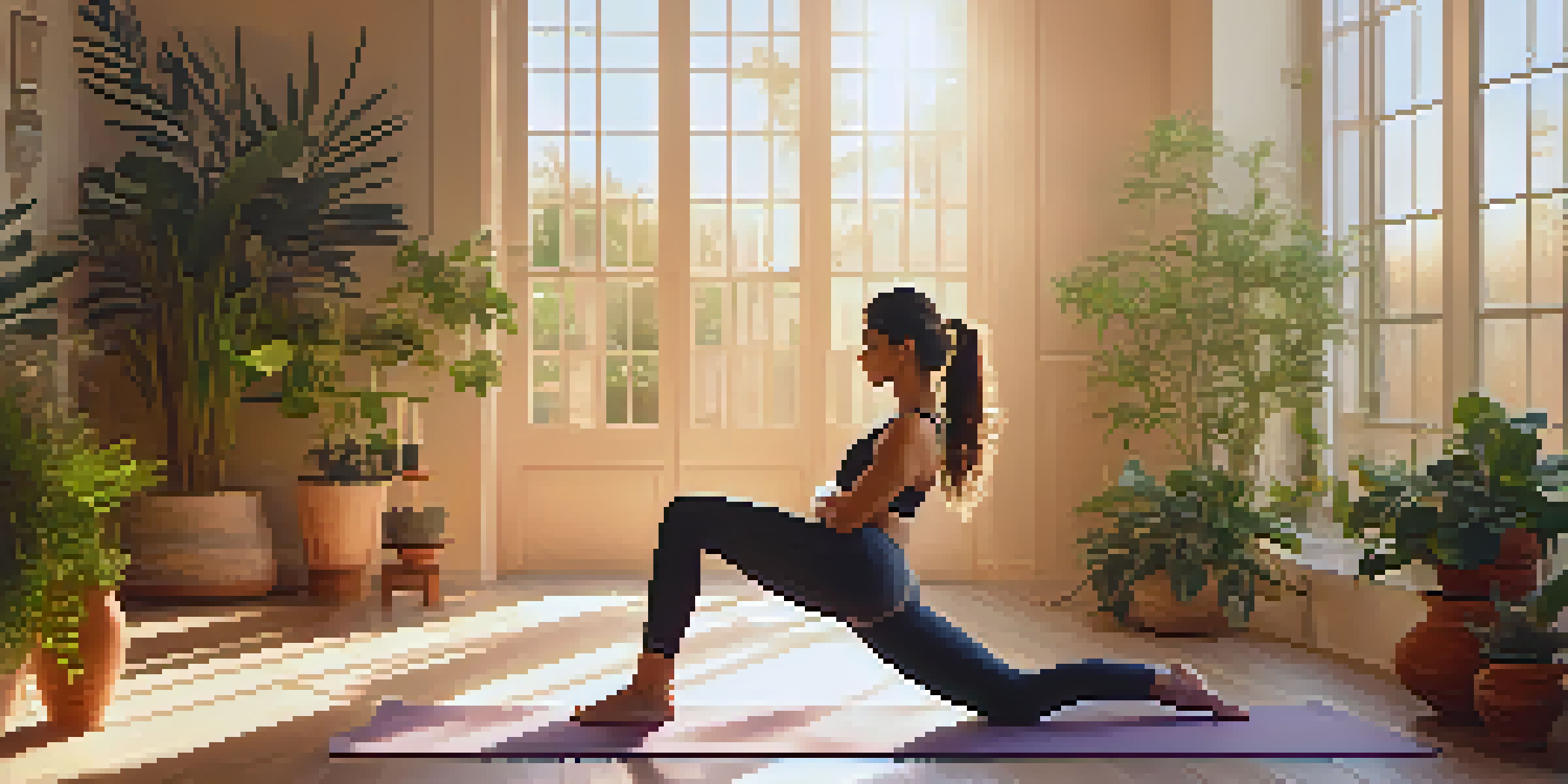 A woman performing yoga in a sunlit room, with plants and calming decor around her.