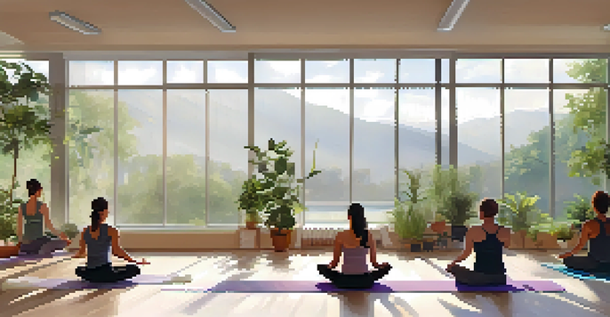 A peaceful yoga studio filled with light where diverse individuals practice yoga poses, surrounded by plants and mats.