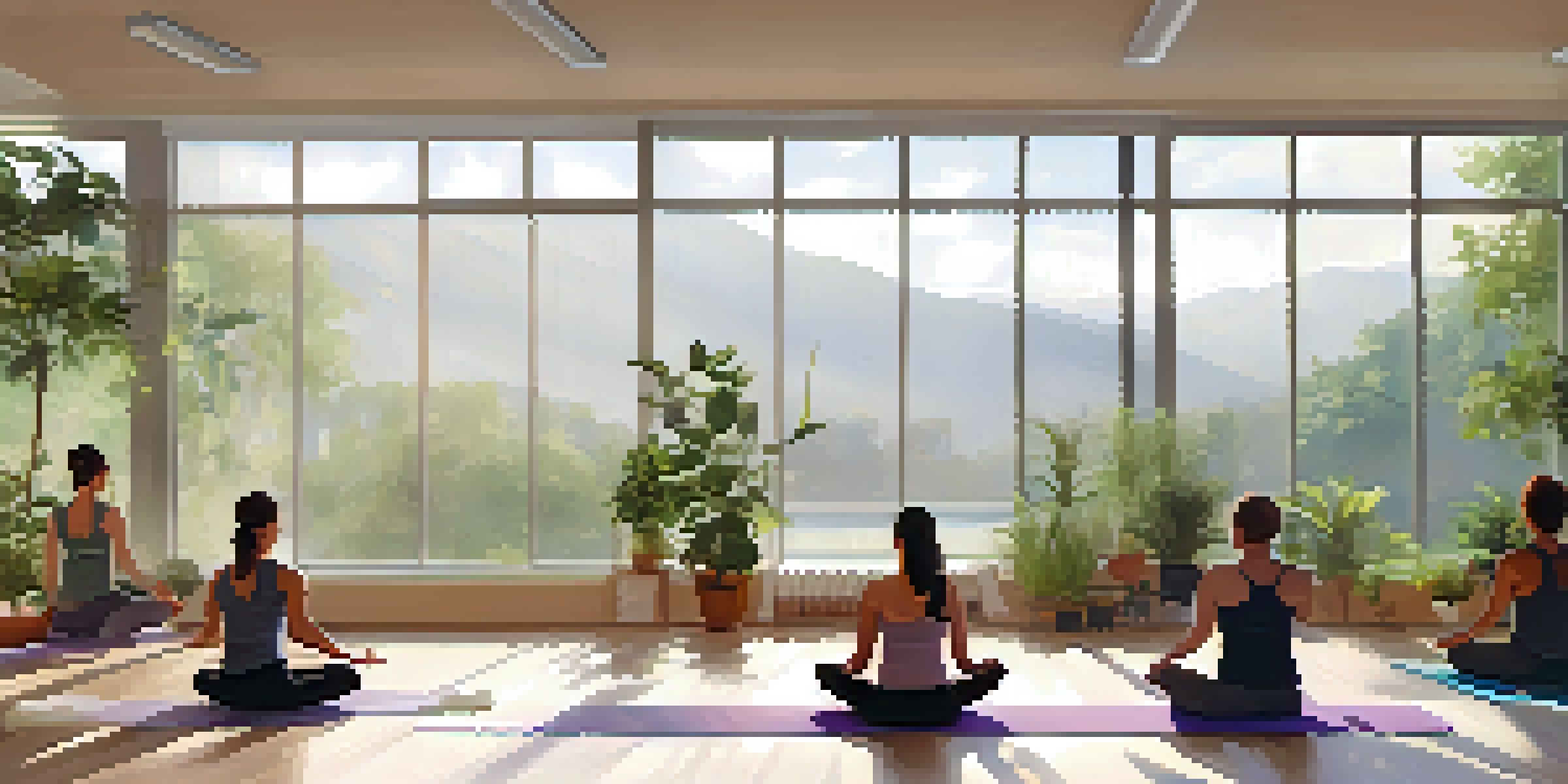 A peaceful yoga studio filled with light where diverse individuals practice yoga poses, surrounded by plants and mats.
