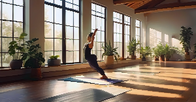 A peaceful yoga studio with a person meditating on a mat, surrounded by greenery and illuminated by soft morning light.