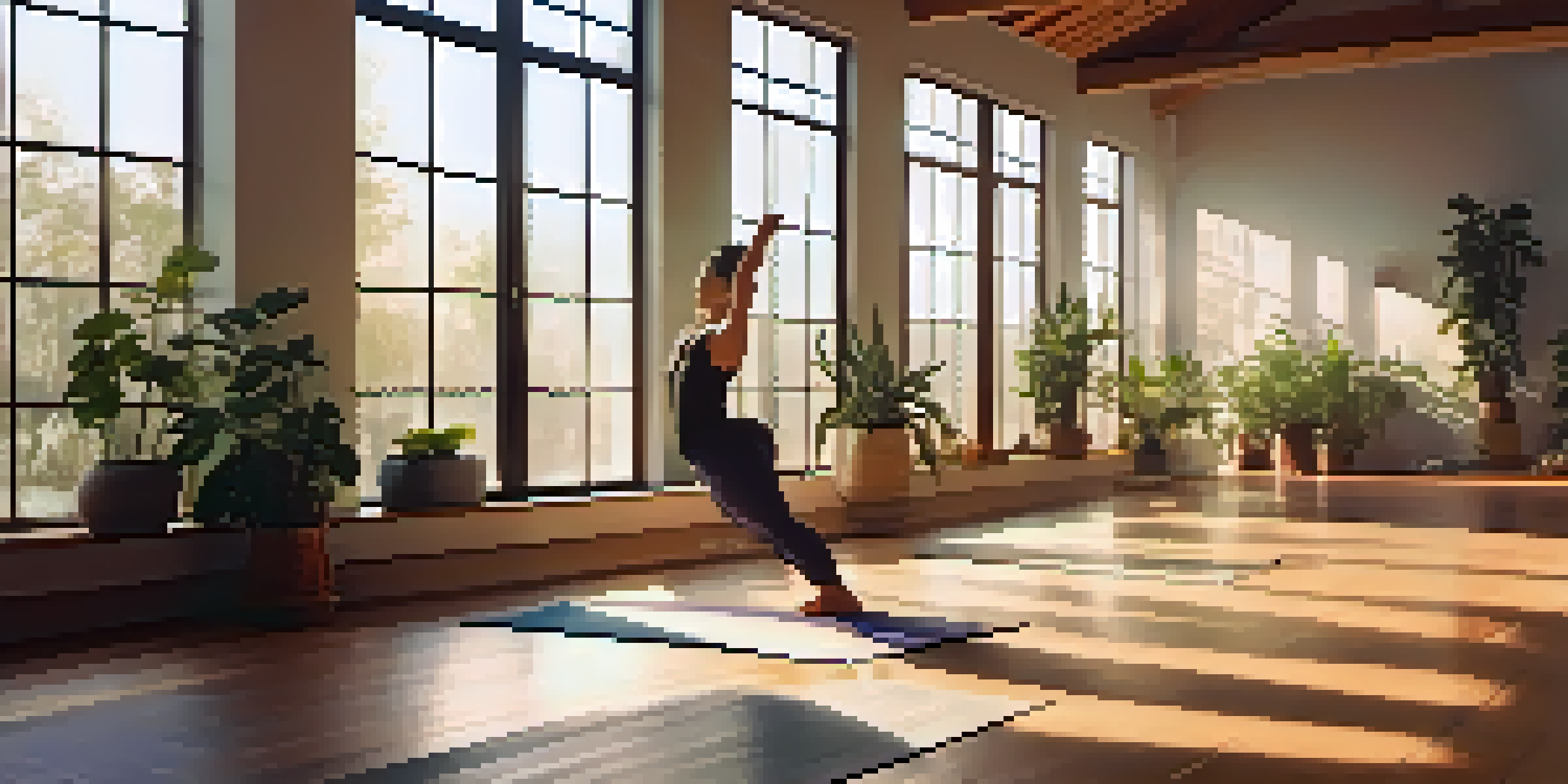 A peaceful yoga studio with a person meditating on a mat, surrounded by greenery and illuminated by soft morning light.