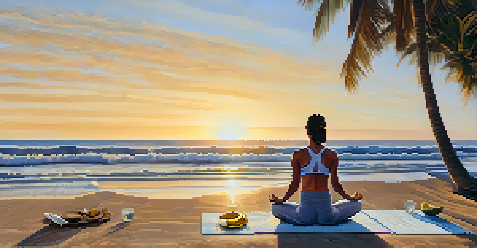 A person practicing Vinyasa yoga on a beach at sunrise, with a picnic spread of bananas and coconut water nearby.