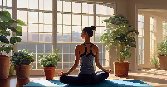 A person practicing yoga in a sunlit room, surrounded by plants, radiating tranquility.