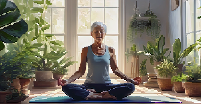 An elderly woman practicing diaphragmatic breathing in a peaceful yoga studio with soft lighting and plants.