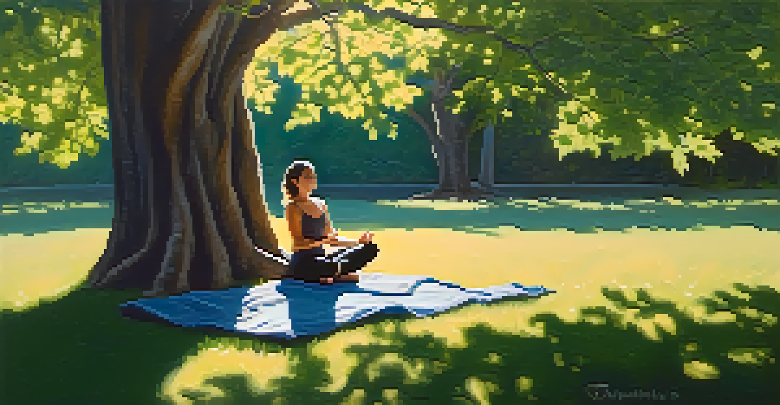 A person lying on a blanket under a large tree in nature, with sunlight filtering through leaves, creating a peaceful and serene atmosphere.