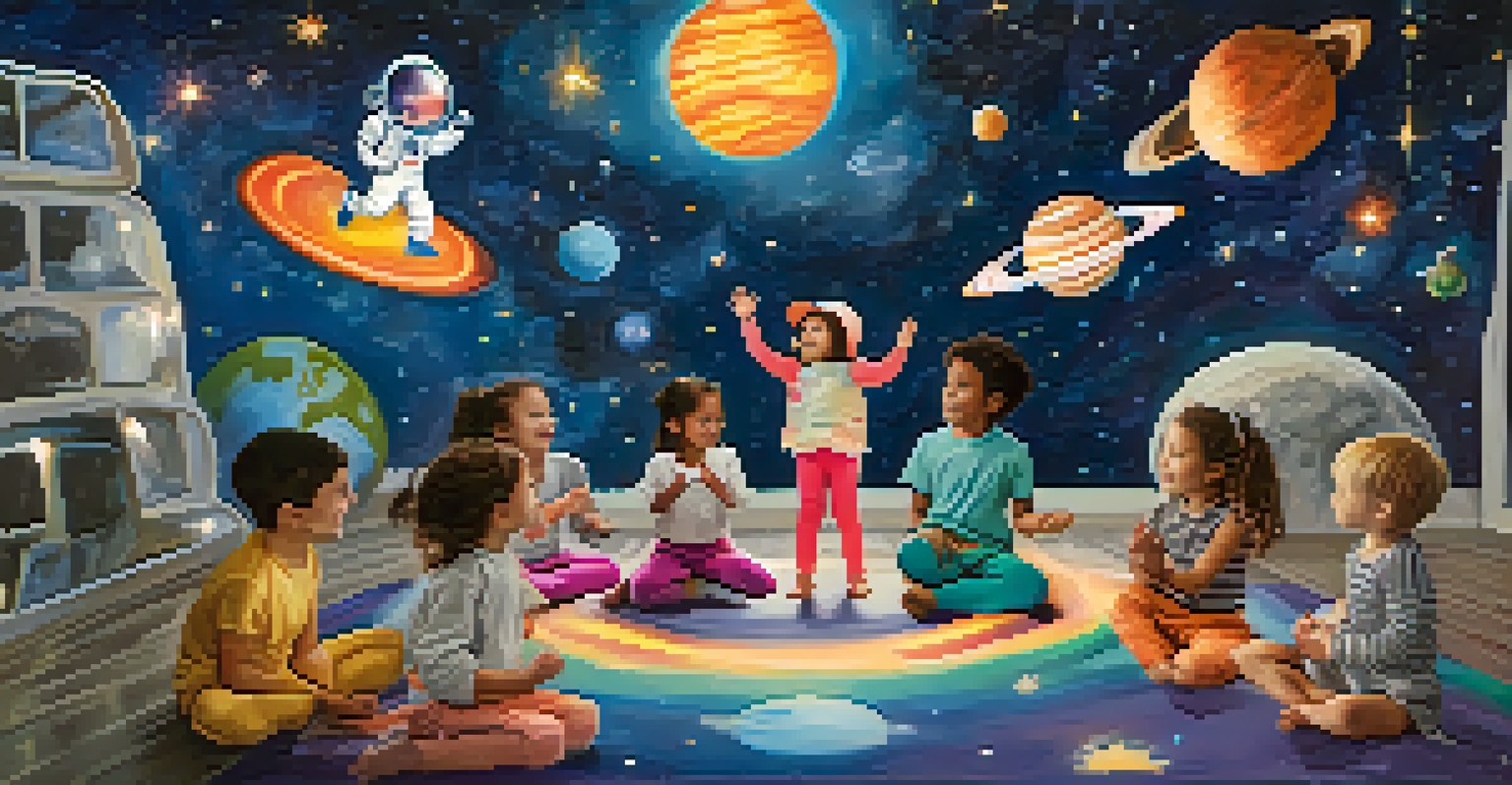 Children in colorful space-themed costumes practicing yoga poses under a whimsical night sky filled with stars and planets.