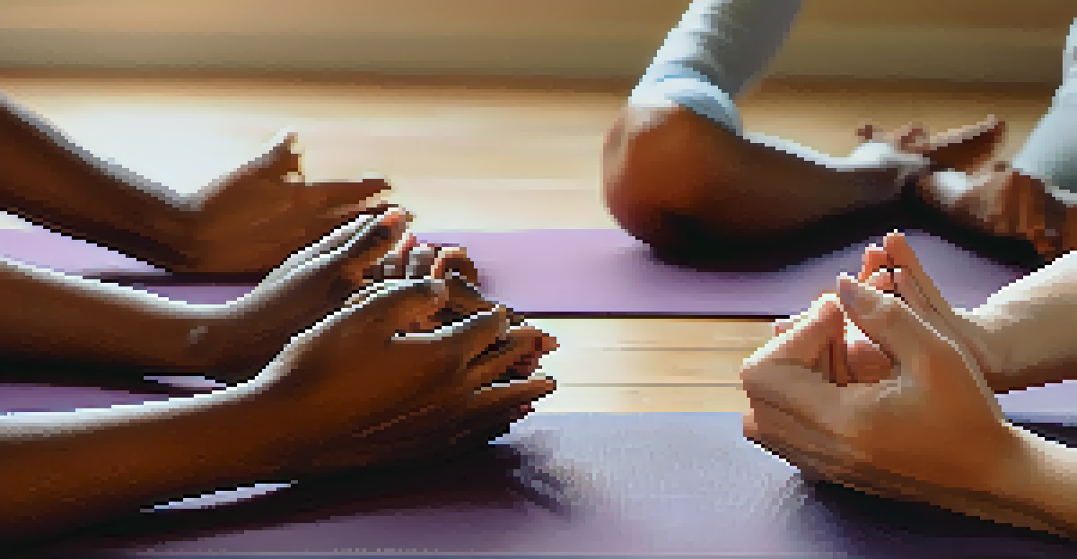 Diverse hands resting on a yoga mat, representing community and connection in a tranquil environment.