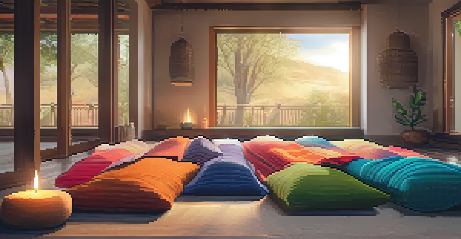 A cozy yoga space with blankets and bolsters, featuring a practitioner in a restorative pose.